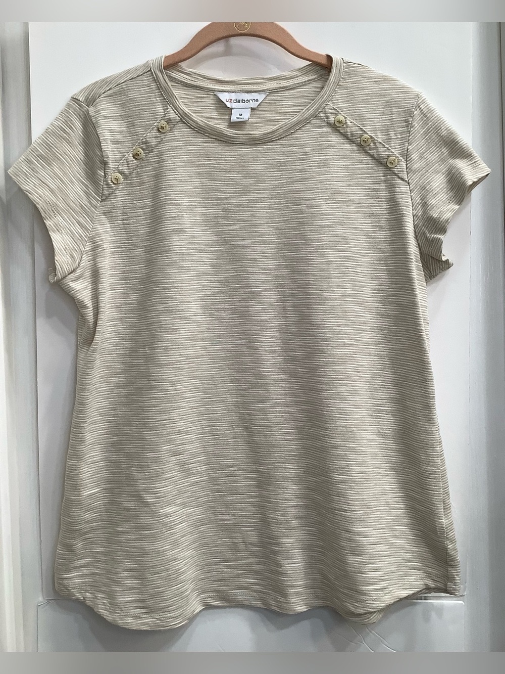 Liz Claiborne Cream Striped Short Sleeve Tee with Shoulder Buttons
